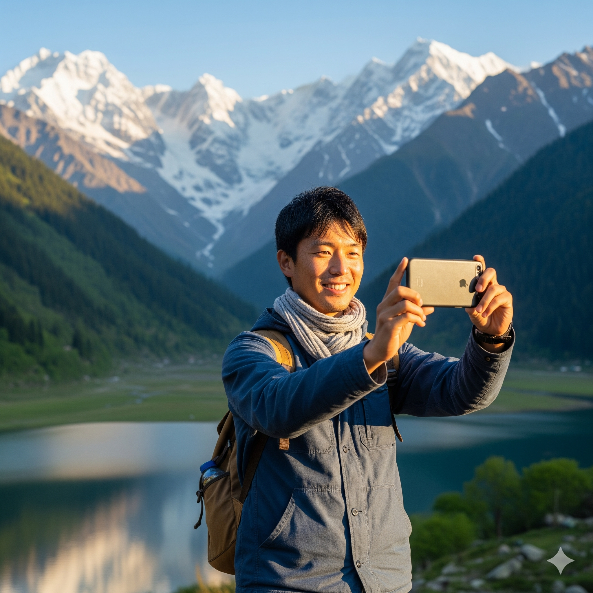 Kaito Sato, a solo traveler, captures a stunning selfie with the beautiful Kashmir mountains and lake behind him.